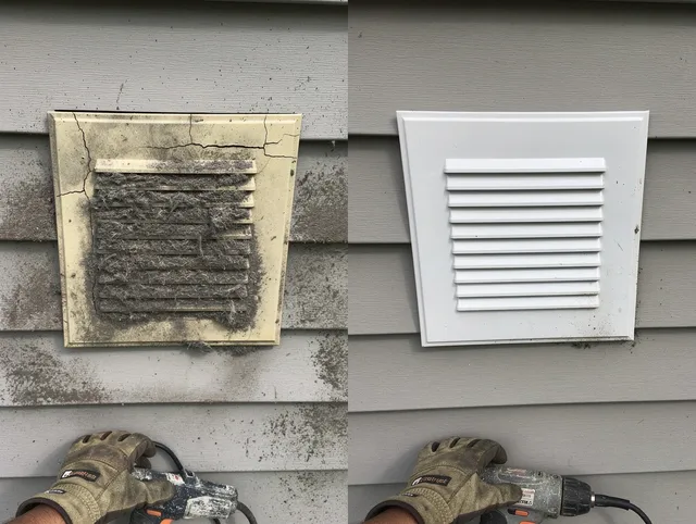 Westwood Dryer Vent Cleaning technician installing high-quality dryer vent cover at a residential property in Westwood