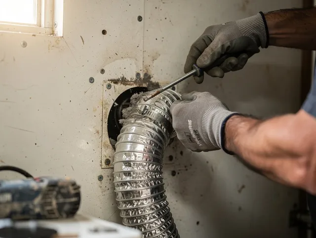 Westwood Dryer Vent Cleaning technician performing precise dryer vent hose installation in Westwood